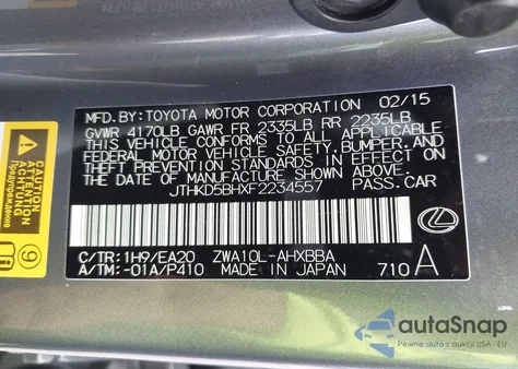 2015 Lexus Ct 200H из США, поврежденный, VIN JTHKD5BHXF2234557